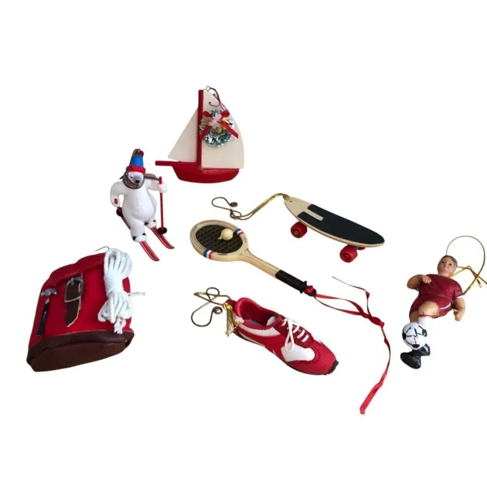 Vintage Christmas Ornament LOT of 7 Painted Wood Unique Pieces Athletic Theme